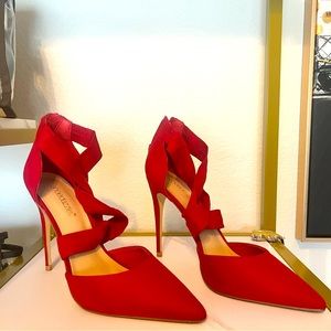 Red faux suade heels.  These are 🔥!!